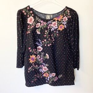 Anthropologie Blanche Embroidered Floral Top by One September - Black - M
